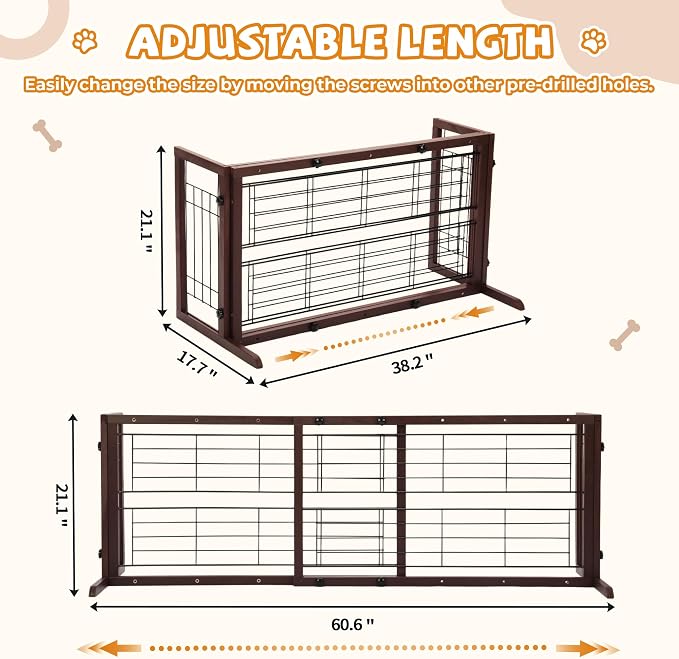 Coziwow 38-67" Dog Gate Indoor, Free Standing Pet Gate for Doorways Extra Wide, Wooden Fence Puppy Safety Gates for The House, Stairs, Hallway, No Drilling Required,Brown