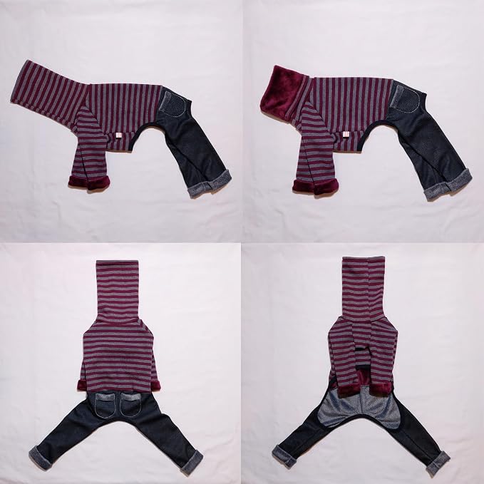 D Doggy Star Italian Greyhound Clothes Stripe Fleece Stretchable Denim Onesie Whippet for Dog Turtleneck Outfits Coat (S,Denim Burgundy)