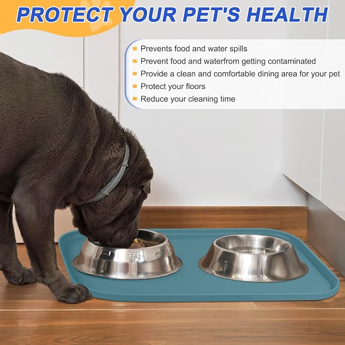 SMILOOL Silicone Pet Food Mat with Raised Edge for Food and Water Bowl, Dog Feeding Mats, Cat Food Trays for Floor Waterproof, Rubber Tray for Dogs and Cats, 22 x 14 x 0.8 Slate Blue