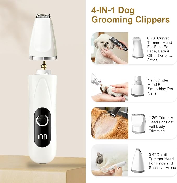 4-in-1 Dog Grooming Kit, Dog Clippers for Grooming Heavy Thick Coats | Low Noise Cordless Dog Hair Trimmer & Shaver with Paw Trimmer, Full Body & Paw Grooming Set for Small Large Dogs Cats