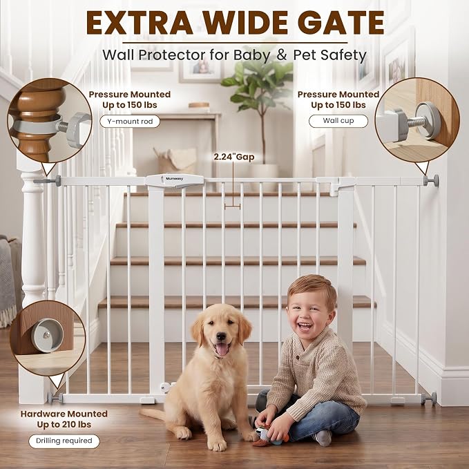 Mumeasy 29.7-51" Extra Wide Baby & Dog Safety Gate for Stairs & Doorways | Pressure/Hardware Mount Child & Pet Gate, Auto Close Easy Access Walk Thru Door for House, Hallway, Indoor & Outdoor, White