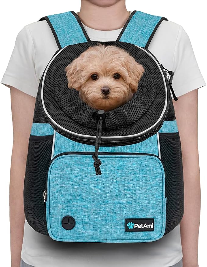 PetAmi Front Carrier Backpack for Dogs and Cats, Adjustable Ventilated Pet Chest Carrier for Hiking Camping Travel, Small Medium Dog Puppy Large Cat Carrying Bag, Max 10 lbs, Teal Blue