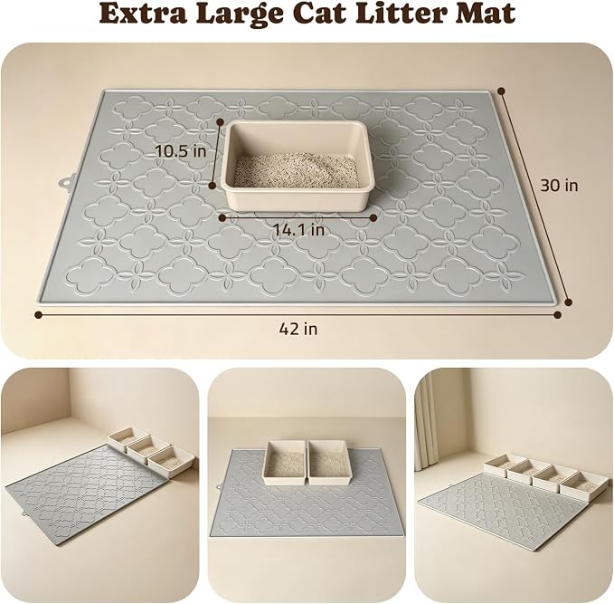 Pawtners Cat Litter Mat Extra Large 42" X 30", Easy to Clean, Gray, 2 Pack | Non-Slip Kitty Litter Mat for Floor, Waterproof & Urine-Proof Cat Litter Mat Litter Trapping Mat, Soft on Kitty Paws