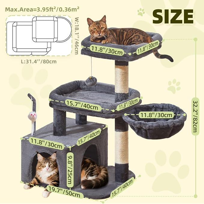 Taoqimiao 32.2in Cat Tree with Toy, Small Cat Tower for Indoor Cats, MS043G | Easy assembly, Sturdy, Multi Level, Easy Clean, Cozy Condo, Perches, Baskets, Suitable for Kittens and Adult Cats