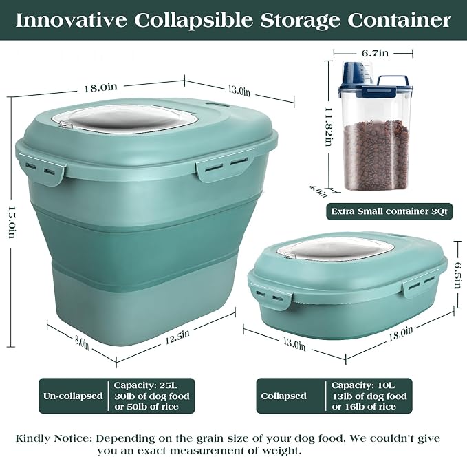 TIOVERY Dog Food Storage Container, Airtight Collapsible 13lb to 30lb Pet Food Container with Flip Top, Rolling Wheel, Scoop and 3L small container for Dog Cat Food and Dry Food of Rice, Flour