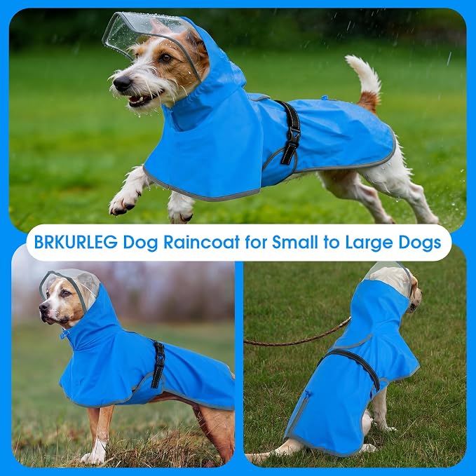 BRKURLEG Dog Raincoat, Waterproof Rain Jacket with Clear Hood for Small Medium and Large Dogs, Adjustable Reflective Pet Rain Coat Poncho with Leash Hole, Blue S