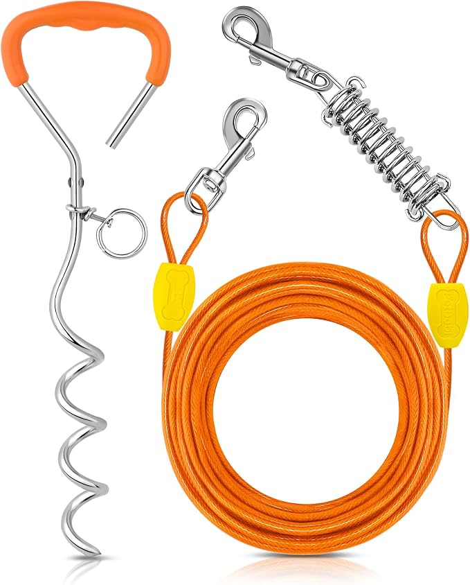 Petbobi Dog Tie Out Cable and Stake, 40ft Heavy Duty Dog Leads for Yard | 4in Shock Spring, 16in Spiral Ground Anchor, 360° No-Tangle Swivel, Chew-Proof Rustproof Wire, Up to 120 lbs, Outdoor Camping
