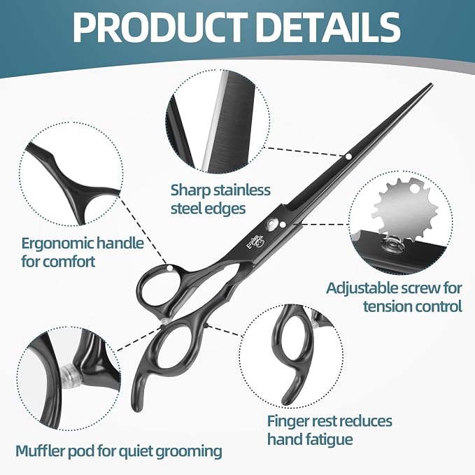 7-Inch Dog Grooming Scissors Set, 4-in-1 Pet Shears Kit | Straight, Curved, Thinning & Chunkers, Includes Comb for Home & Professional Grooming