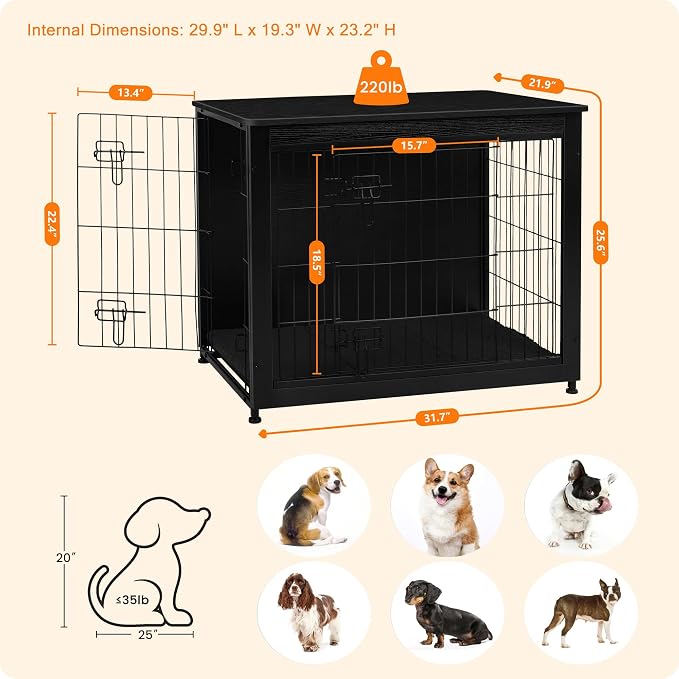 DWANTON Dog Crate Furniture with Cushion, Wooden Kennel Table with Double Doors, Indoor Dog House, Medium Size, 32.5" L, Black