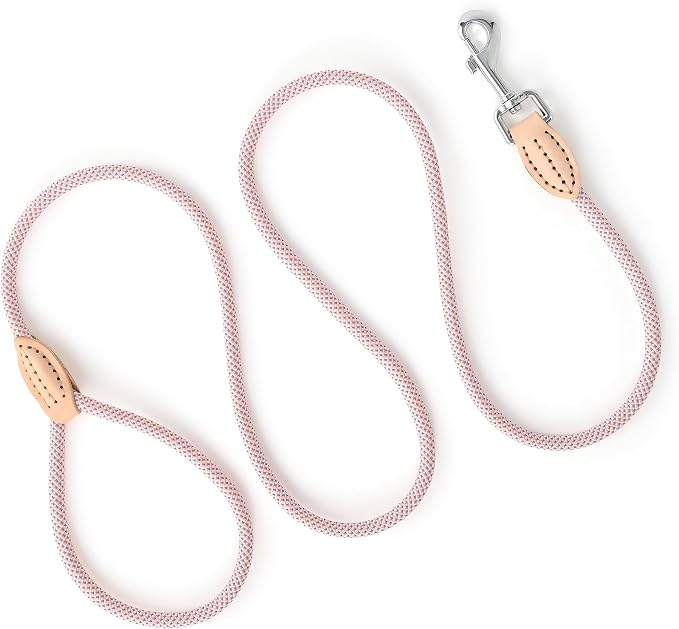 Mile High Life Dog Leash with Genuine Leather Connection, Thin Lightweight | Rope Leash, Heavy Duty 360° Swivel Metal Clasp, for Small Medium & Large Dogs Walking (Pink, 72 Inch-1/3)