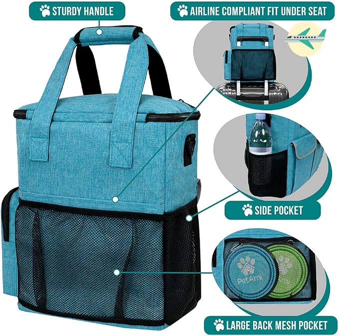PetAmi Dog Travel Bag Pet Supplies Accessories Organizer for Traveling, Camping, Weekend; Cat Pet Travel Bag Kit Includes 2 Food Storage Containers, 2 Collapsible Bowls, 1 Feeding Mat (Teal Blue)