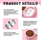 Pink Cat Food and Water Bowl and Non-Slip Silicone Mat Set Stainless Steel Food Bowl with 18.6oz Large Capacity Water Dispenser for Cats and Small Dogs
