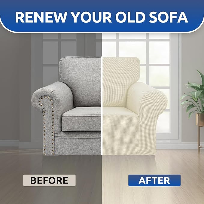 Stretch Chair Sofa Slipcover, Single Couch Cover,Beige | 1-Piece Washable Sofa Cover,Pet Friendly (31"-55") Furniture Protector Soft Jacquard Elastic Bottom for Dogs & Kids