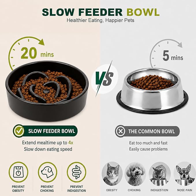 Ceramic Slow Feeder Dog Bowls with Raised Stand, 1.5 Cups Elevated Slow Feeding Bowl for Small and Medium Dogs and Cats, Non-Slip Pet Food Dish Helps Reduce Gulping and Bloating