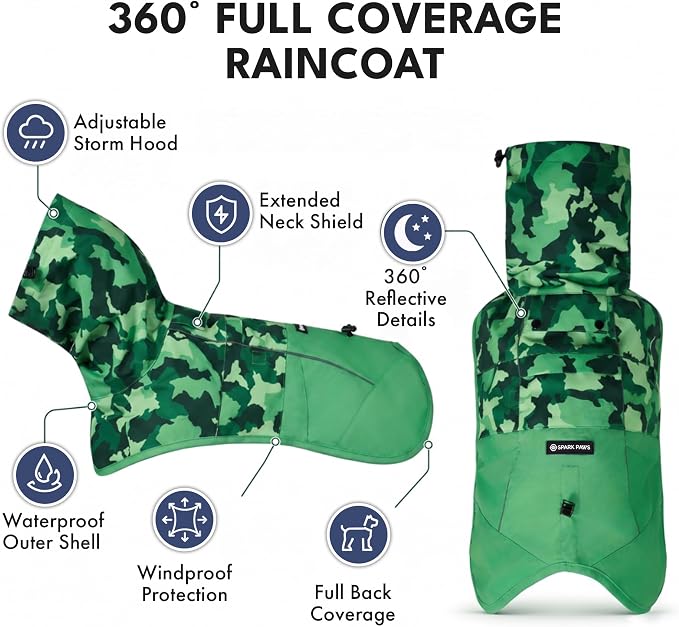 Spark Paws Dog Raincoat, Waterproof Windproof Rain Jacket, for Small Medium Large Extra Large Dogs, Reflective Breathable Full-Body Coverage Dry Suit - Camo Green - 3XL