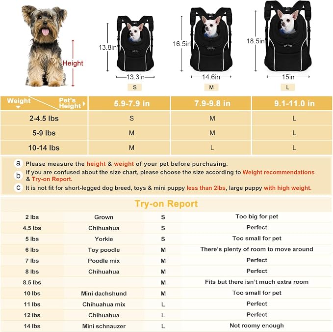 WOYYHO Pet Dog Carrier Backpack, Ventilated Small Dog Front Backpack | Small Dog Front Backpack, with Adjustable Straps, Safety Belt, Storage Pockets, for Travel Hiking Outdoor, Solid Black, M