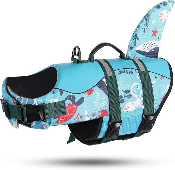 ASENKU Dog Life Jacket - Pet Safety Vest for Swimming & Boating, Shark Life Jacket with Floatation, Dog Lifesavers Swimsuits for Small Medium Large Dogs (Ocean, 2XL)