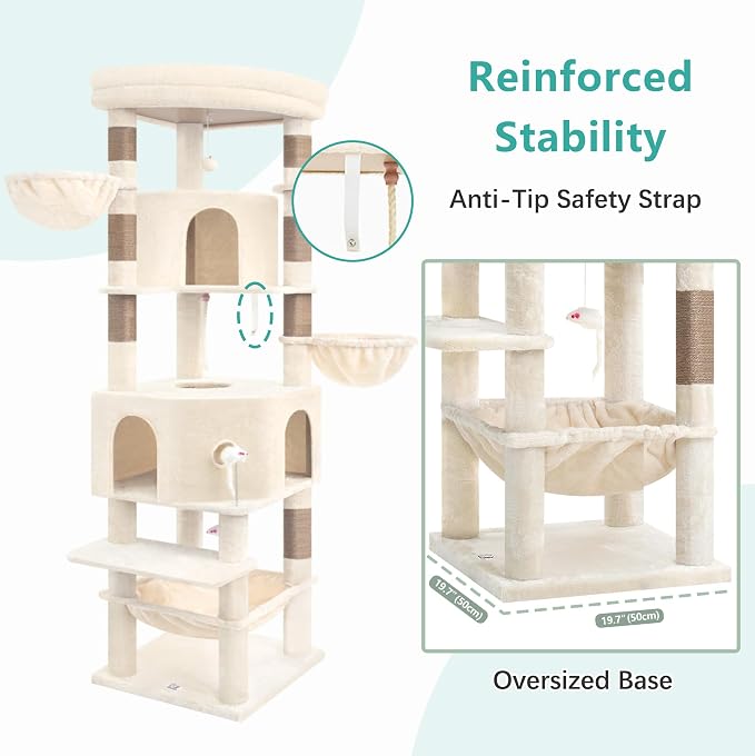 Cat Tree, 81.1" Skyward Corner Cat Tower for Large Cats VCT031MJ | Space-Smart Cat Furniture with Diamond Hideout, Grand Platform, Firm Base, 3 Soft Hammock & Pet Relax Station, Beige