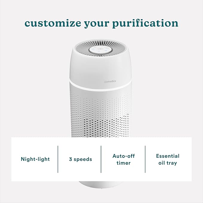 Homedics 5-in-1 PetPlus UV-C Air Purifier, HEPA Filter for 266 Sq Ft Room | Air Purifiers for Pets, Bedroom, and Home with Essential Oil Pads and Built-In Timer, 3 Speed Settings, White