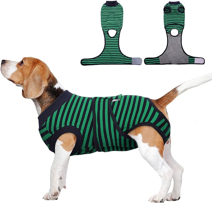 FUAMEY Dog Surgery Recovery Suit, Surgical Suit for Dogs Onesie for Surgery | Cone Alternative after Surgery, Abdominal Wound Protector, Onesie for Dogs after Surgery Spay Neuter, Green Black Stripes XXL