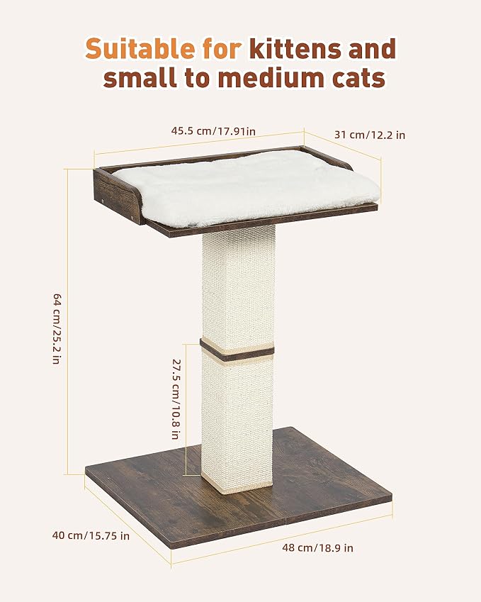 Retro Cat Scratching Post with Top Perch Bed for Indoor Cats | Removable & Washable Cushion, Small Morden Cat Tree, Cat Tower with Scratch Post, Natural Sisal, Retro-Style