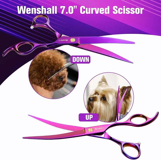 Wenshall Professional Dog Grooming Scissors Set, 7.0 Inch Titanium Straight & Thinning & Curved scissors and Comb for Dog grooming (Purple)