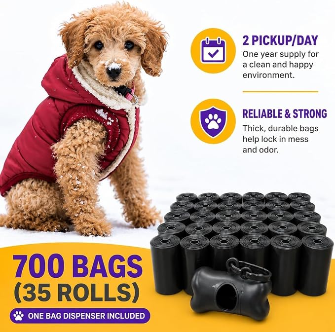 Dog Poop Black Bags with Dispenser (700 Bags) doggy poop bags Pickup Bag 35 Refill Rolls Dog Waste Bags Cat Litter & Poop Bags (35 Rolls, Uscented)