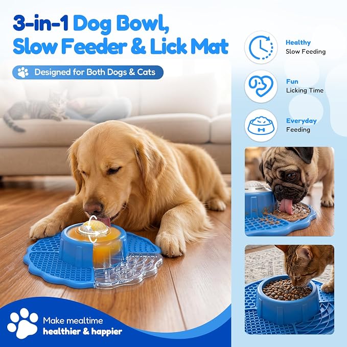 Slow Feeder Dog Bowls with Lick Mat & Rolling Lick Ball, Enrichment Toys | 10oz. 3-in-1 Feeder. Leak-proof, Non-slip. Interactive Play. Slow eating. Liquid, Thick Treats & Kibble, Food-grade Silicone