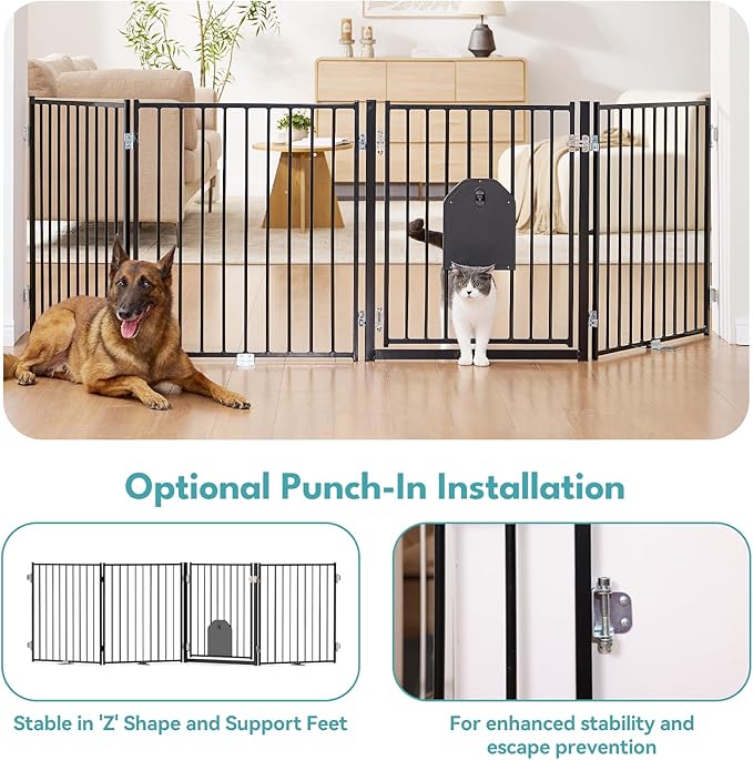 No Pawblems Full Metal Freestanding Dog Gate with Cat Door, 30" Tall | Foldable Pet Gate for Indoor/Outdoor, Zoned management, Dog Fence for Families with Multiple Pets, 156" Wide, 6 Panels, Black