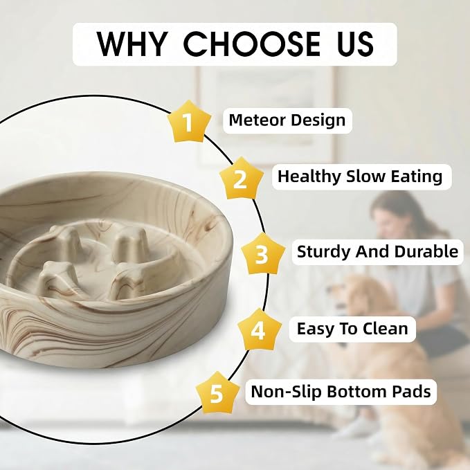 Stoneware Slow Feeder Dog Bowls Small Breed, 0.6 Cups, 6.4 Inch | Raised maze design slows fast eating for small dogs, puppies and cats; Marble Pattern Design，non-slip and dishwasher safe.