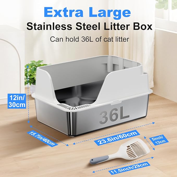 Non-Stick Stainless Steel Litter Box, XL Side Open Splash-Proof (White) | Leak-Proof Seamless Seal, Ellenpent Large Capacity, Cat Litter Box with Lid for Multi-Cats, Easy-Clean & Durable