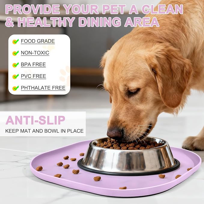SMILOOL Small Silicone Pet Food Mat with Raised Edge for Food and Water Bowl, Square Dog Feeding Mats, Cat Food Trays for Floor Waterproof, Rubber Tray for Dogs and Cats, 12 x 12 x 0.7 Lavender