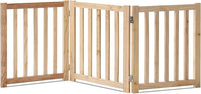 LZRS Wooden Free Standing Dog Gate 60" W x 24" H, Foldable Solid Hardwood Pet Safety Fence for House Doorways, Stairs, Hallways, Step-Over Pet Barrier, No Drill Easy Setup, Natural