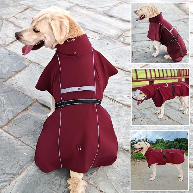 Pet Dog Raincoat Jacket Large Dog Rain Poncho with Transparent Hood, Double-Layer Structure, Adjustable, Waterproof, and Reflective, Suitable for Medium to Large (Wine Red, 5XL)