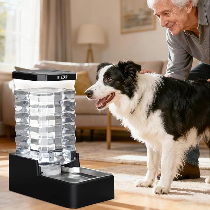 RIZZARI 9L Gravity Water Dispenser for Dogs, Auto Refill Waterer | Large-Capacity Water Storage,Wide-Mouth Easy Cleaning,Stainless Steel Bowl,Multi-Day Water Supply