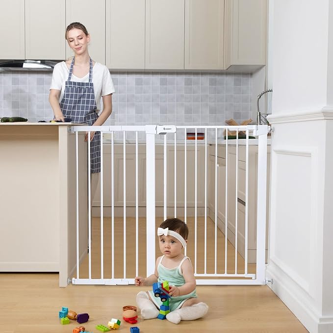 COMOMY 36" Extra Tall Baby Gate for Stairs, Fits 29.5" to 48.8" Openings | Auto Close Extra Wide Dog Gate for House, Pressure Mounted Easy Walk Through Pet Gate with Door, White