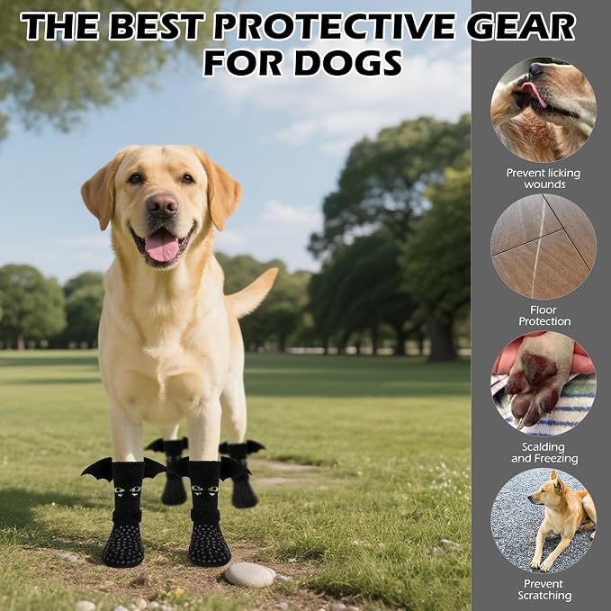 EXPAWLORER Halloween Anti Slip Dog Socks to Prevent Licking Paws, Boots & Paw Protectors with Grippers,Doggie Booties for Hardwood Floors for Small Medium Large Senior Dogs Costume Black Devil Wings M