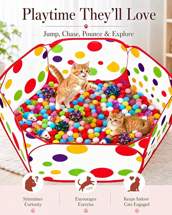 Cat Ball Pit with 227 Pcs Interactive Cat Toys, Enrichment Toys for Bored Indoor Cats Self Play, Include Pom Pom Balls Jingle and Crinkle Balls, Springs and Mice Toy for Kitten Fun and Exercise