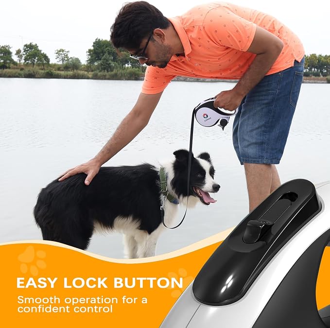ILOMAX 360° Tangle-Free Retractable Dog Leash Built-in Waste Bag Dispenser Under Handle 2 Rolls Poop Bags Included Heavy Duty Tape Leash for Dogs up to 50kg Carry Pouch Included (White, XL)