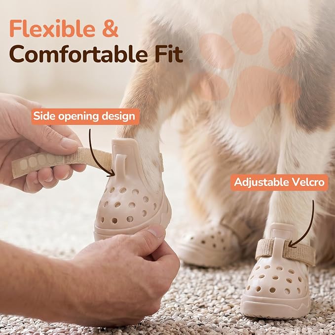 Soft Dog Shoes for Hot Pavement, Breathable Vented Dog Boots, Khaki, Size 5 | 4 Pack, Soft Rubber Material, Lightweight, Anti-Slip Soles, Reflective Strap, Wide Opening, Summer Walks, Medium & Large Dogs