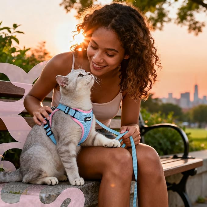 rabbitgoo Cat Harness and Leash Set, Escape Proof Vest, Light Blue & Pink | Soft Breathable Mesh, Easy Adjustable Fit, Snap Buckles, Sturdy Clip, Reflective Strips, for Small & Average Cats Walks, Xs