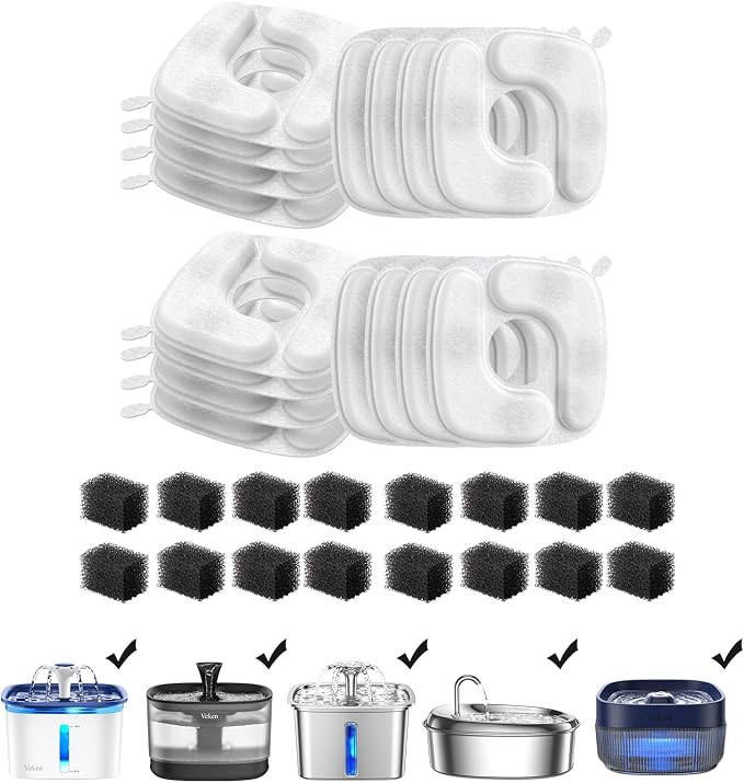 Veken Cat Water Fountain Filters, 16 Pack Replacement Filters | and 16 Pack Replacement Pre-Filter Sponges Set for 50oz, 84oz, 95oz or 108oz Automatic Pet Fountain Dog Water Dispenser