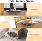 PETSFIT Cat Window Perch for 2 Cats, Adjustable, Solid Wood, Removable Mat | Natural Wood Cat Hammock, Tool-Free Assembly, Fits Large Cats, Windowsill Bedside Drawer Use, Washable Cushion Included