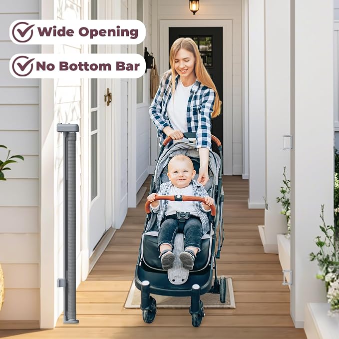 42" Extra Tall Retractable Baby Gates, 76" Wide Dog Gate for Stairs | Mesh Gate Indoor Outdoor for Doorways Deck Kitchen, Long Safety Gate for Child Toddler, Prevent Pet from Jumping Over, Grey