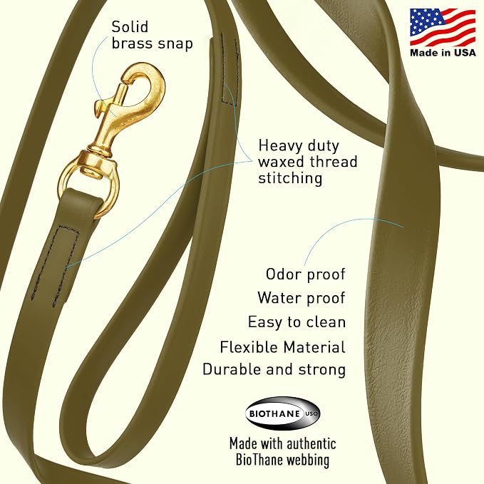Viper Biothane K9 Working Dog Leash Waterproof Lead for Tracking Training Schutzhund Odor-Proof Long Line with Solid Brass Snap for Puppy Medium and Large Dogs, 20ft Olive Drab Green
