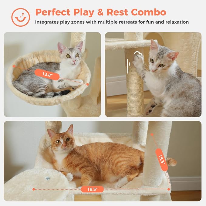 69" Tall Cat Tree for Indoor Cats Large Adult, Multi-Level Cat Tower | Multi-Level Cat Tree with Scratching Posts, Soft Padded Perch, 2 Dangling Toys
