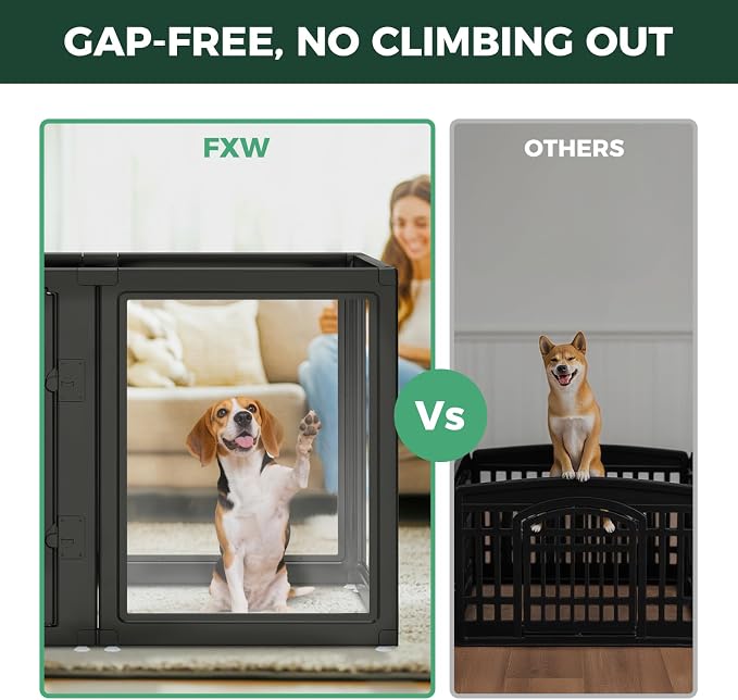 FXW AuraSpace Clear Acrylic Indoor Dog Playpen, 35" H, 8 Panels, Black | Open View, Modern Home Fit, No Climbing Bars, Tool-Free Setup, For Medium Dogs
