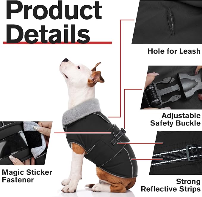 Lelepet Dog Coats for Large Dogs Waterproof Dog Jacket with Adjustable Fit | Reflective Pet Fleece Vest Windproof Cold Weather Coats with Adjustable Buckle & Leash Hole, Thermal Snow Jacket, Black, XL