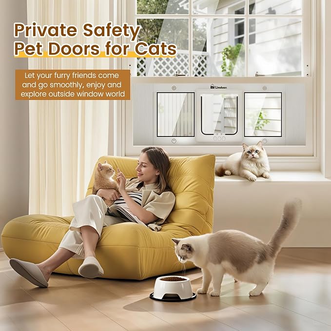 Adjustable Cat Door for Window, 23"-28" Quick Install | 4 Locking Modes Keeps Pets in/Out, Window Insert Design, Magnetic Closure, Weatherproof Aluminum Frame, Durable & Safe
