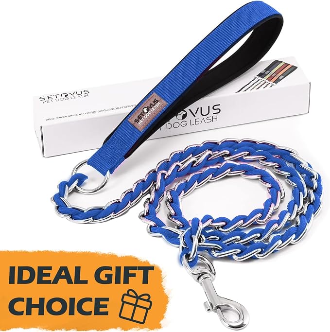 Chain Dog Leash Chew Proof Metal Leash for Medium Large Dogs, Chain Link Dog Leash Anti Chew 5.2FT Strong Anti Bite Dog Leash Comfortable Soft Padded Handle Blue 3.0 | Three Sizes 7.25FT/5.2FT/4FT, Woven From Nylon Rope And Chain, Durable And Bite-Resi...